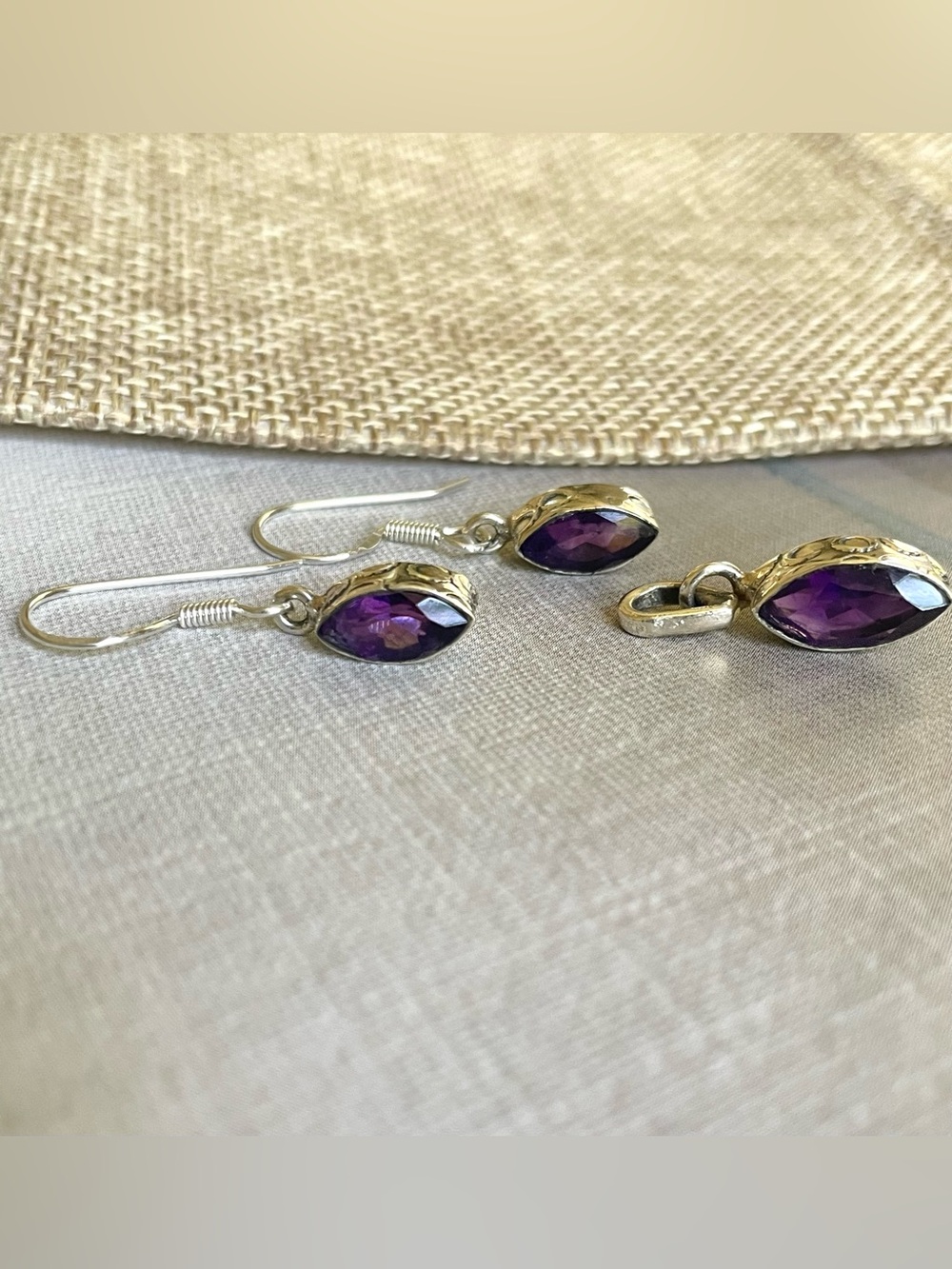 925 sterling silver natural amethyst pendant with earring set(3 pcs) “ARTISAN”